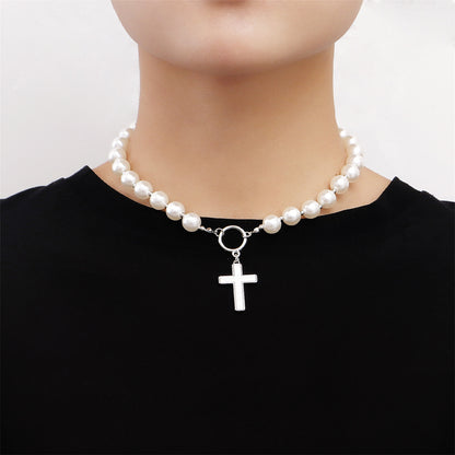 Pearl and Silver-Plated Cross Toggle Necklace, silver pendant necklace for women, dainty minimalist design, front view