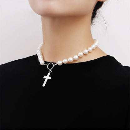 Pearl and Silver-Plated Cross Toggle Necklace, silver pendant necklace for women, dainty minimalist design, side view