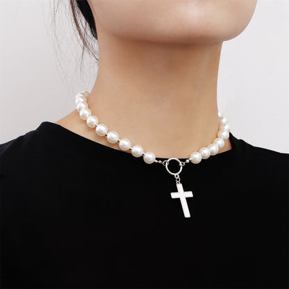 Pearl and Silver-Plated Cross Toggle Necklace, silver pendant necklace for women, dainty minimalist design, detail close-up