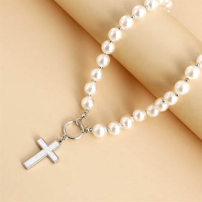 Pearl and Silver-Plated Cross Toggle Necklace, silver pendant necklace for women, dainty minimalist design, lifestyle look