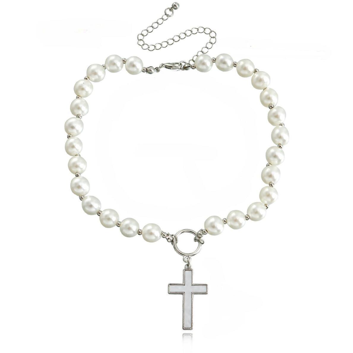 Pearl and Silver-Plated Cross Toggle Necklace, silver pendant necklace for women, dainty minimalist design, styled look