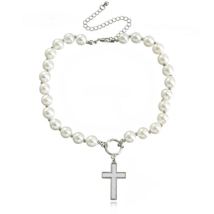 Pearl and Silver-Plated Cross Toggle Necklace, silver pendant necklace for women, dainty minimalist design, styled look