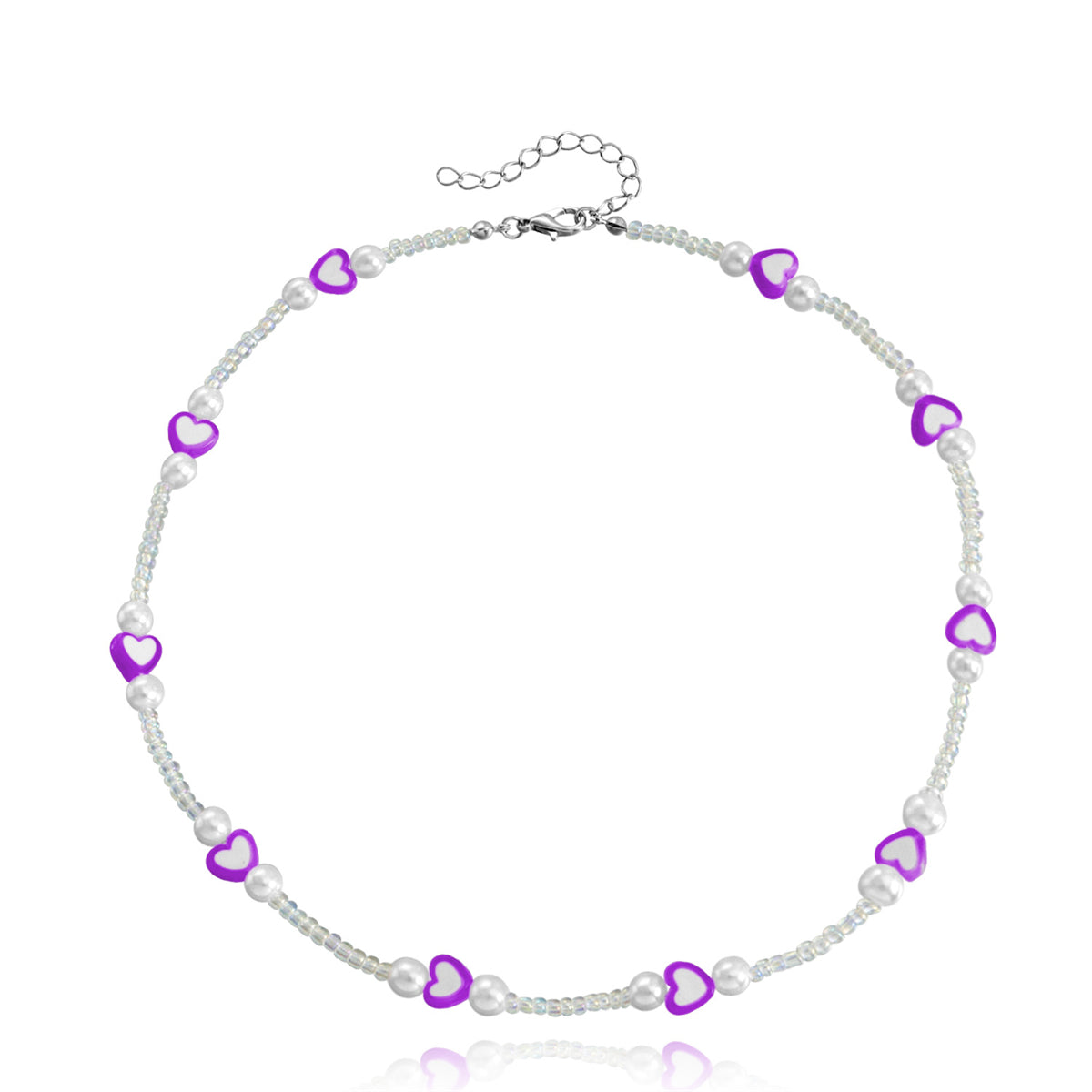 Purple Acrylic & Pearl Silver-Plated Heart Station Necklace