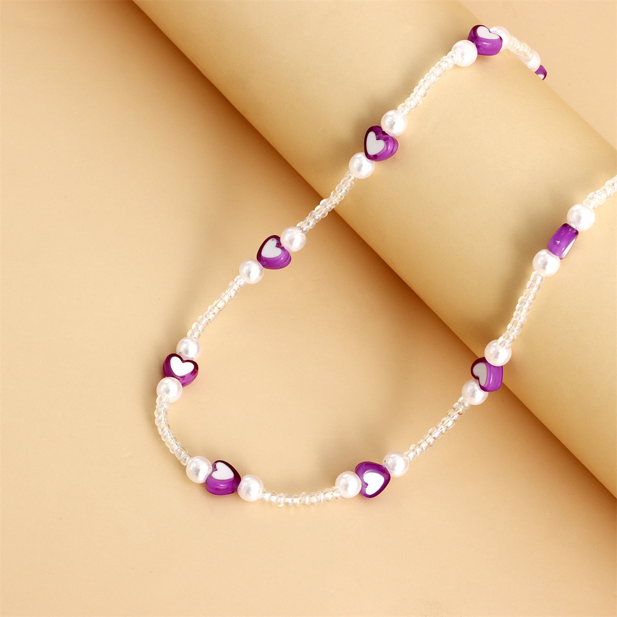 Purple Acrylic & Pearl Silver-Plated Heart Station Necklace