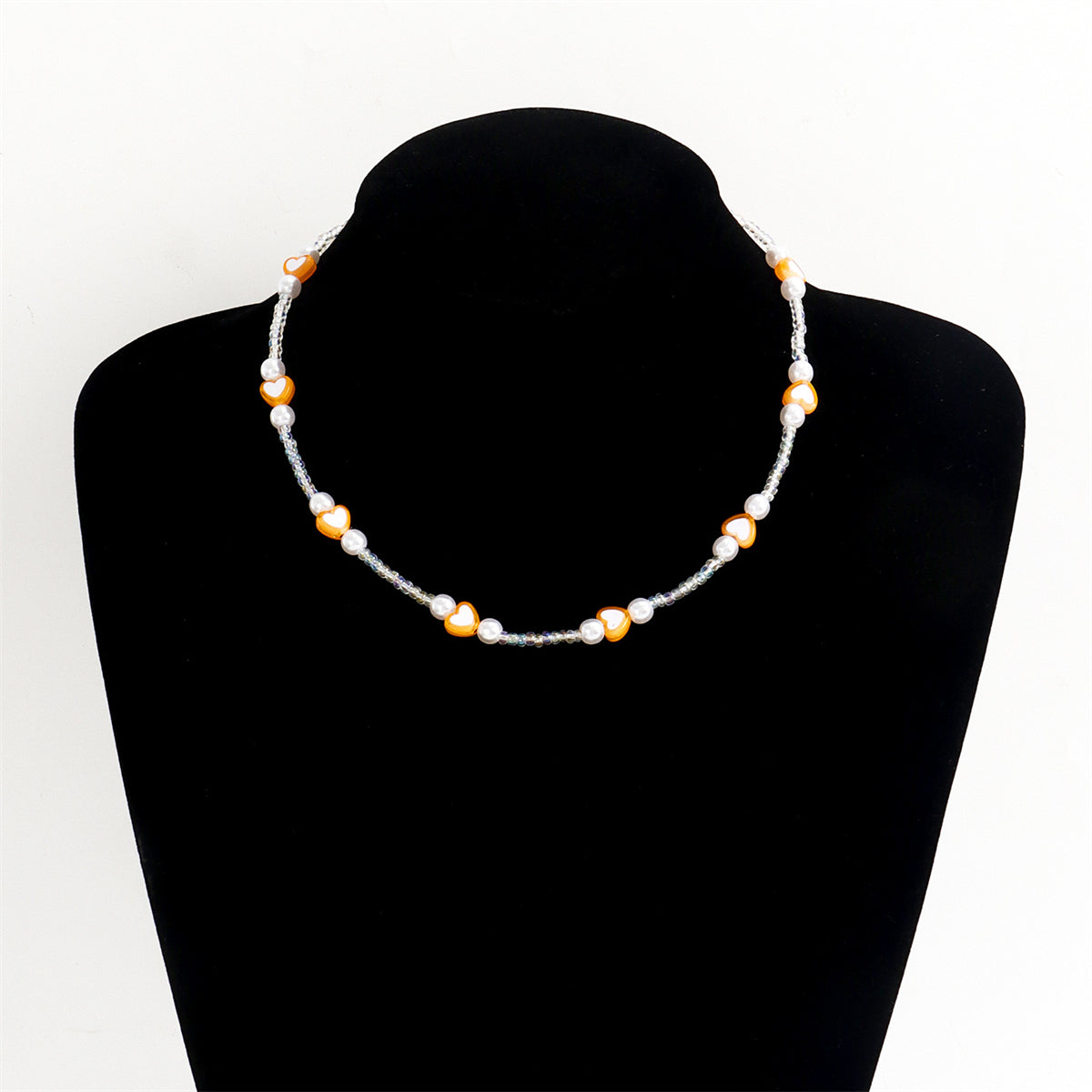 Orange Acrylic & Pearl Heart Station Necklace