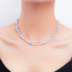 Blue Acrylic & Pearl Silver-Plated Heart Station Necklace