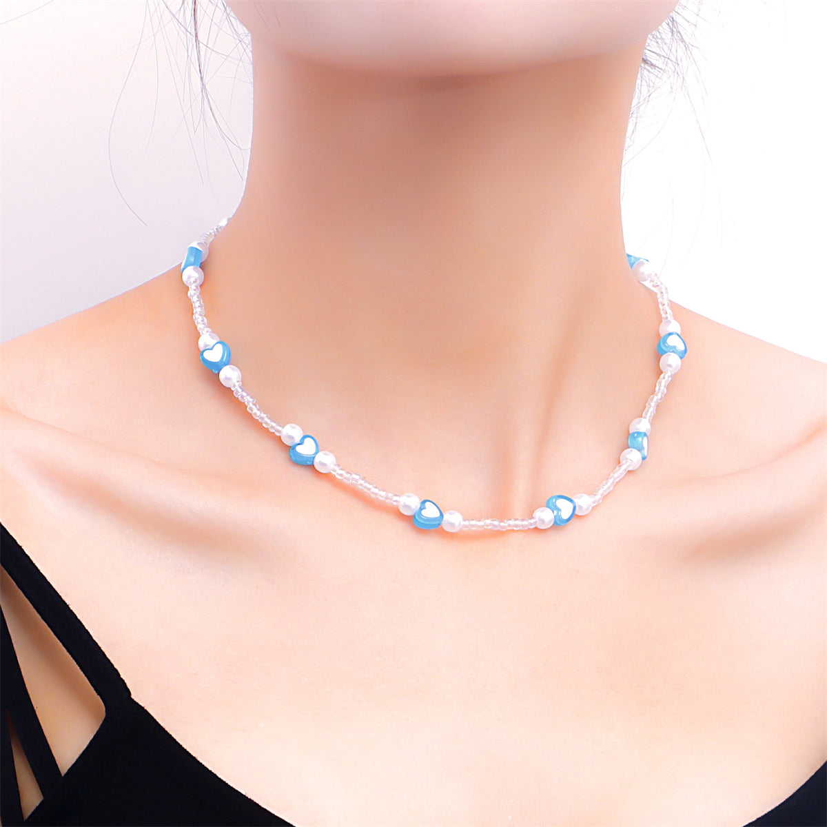 Blue Acrylic & Pearl Silver-Plated Heart Station Necklace