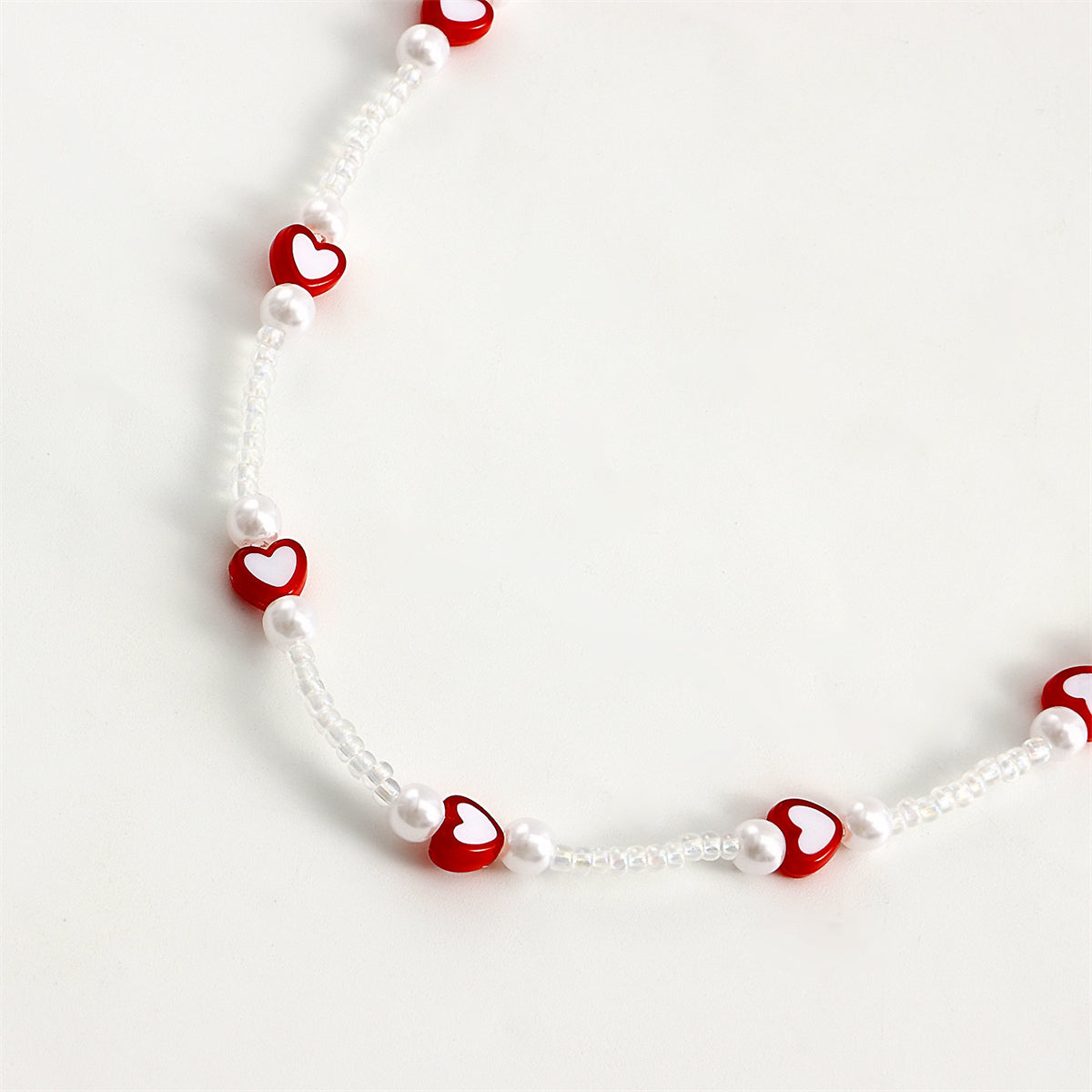 Red Acrylic & Pearl Silver-Plated Heart Station Necklace