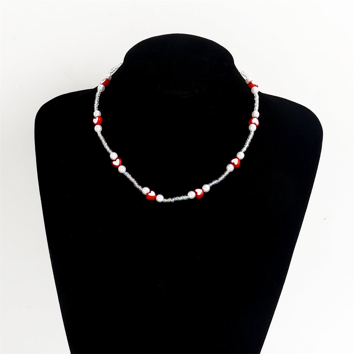 Red Acrylic & Pearl Silver-Plated Heart Station Necklace