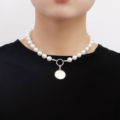 Pearl and White Shell Silver-Plated Round Pendant Necklace, silver pendant necklace for women, front view