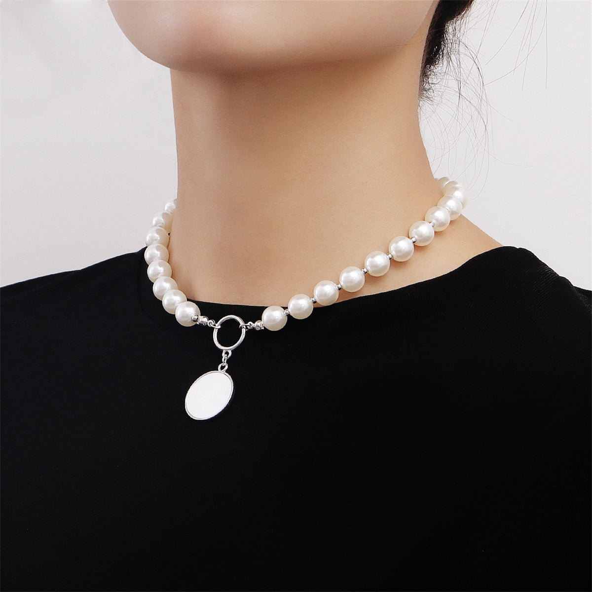 Pearl and White Shell Silver-Plated Round Pendant Necklace, silver pendant necklace for women, side view