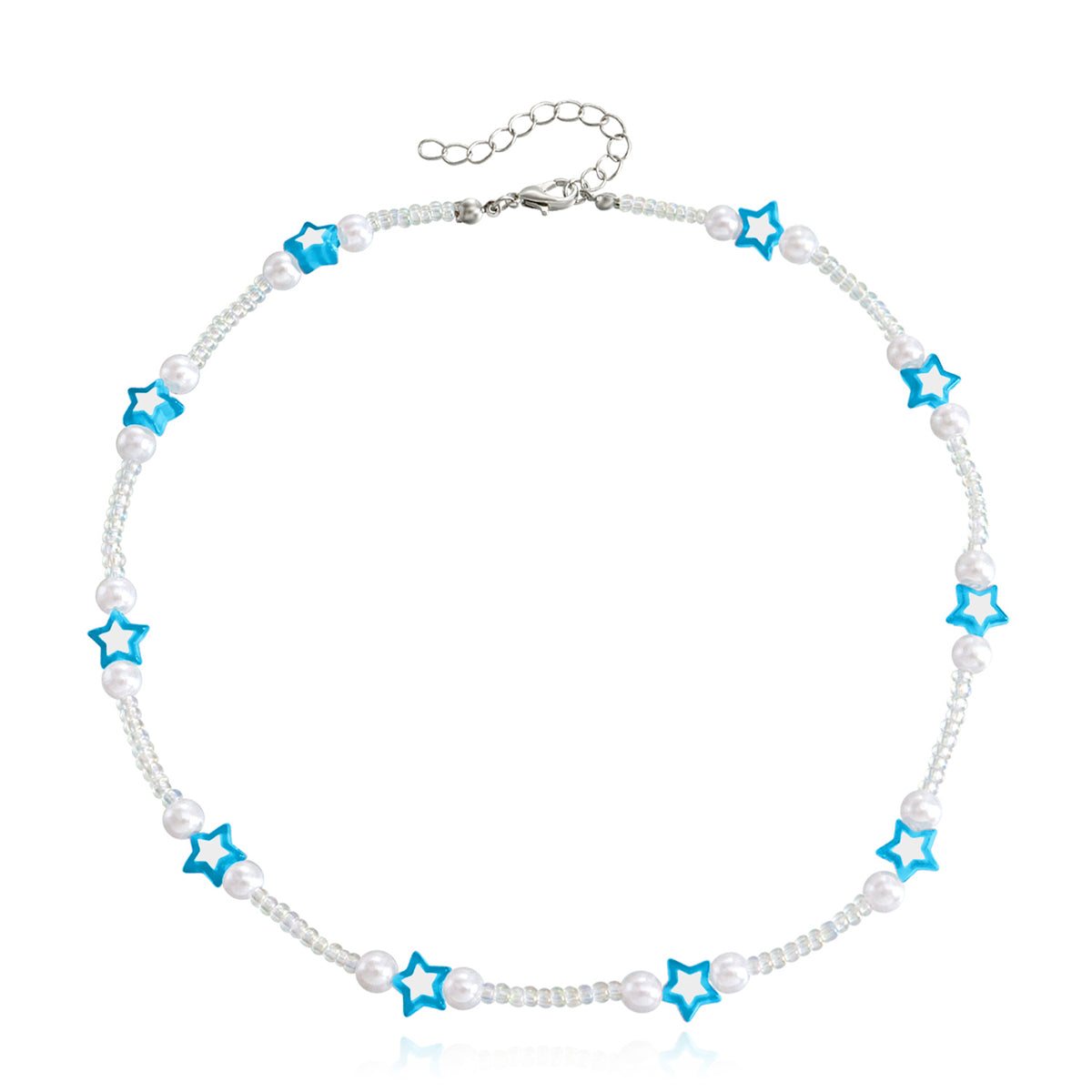 Blue Acrylic & Pearl Star Beaded Station Necklace