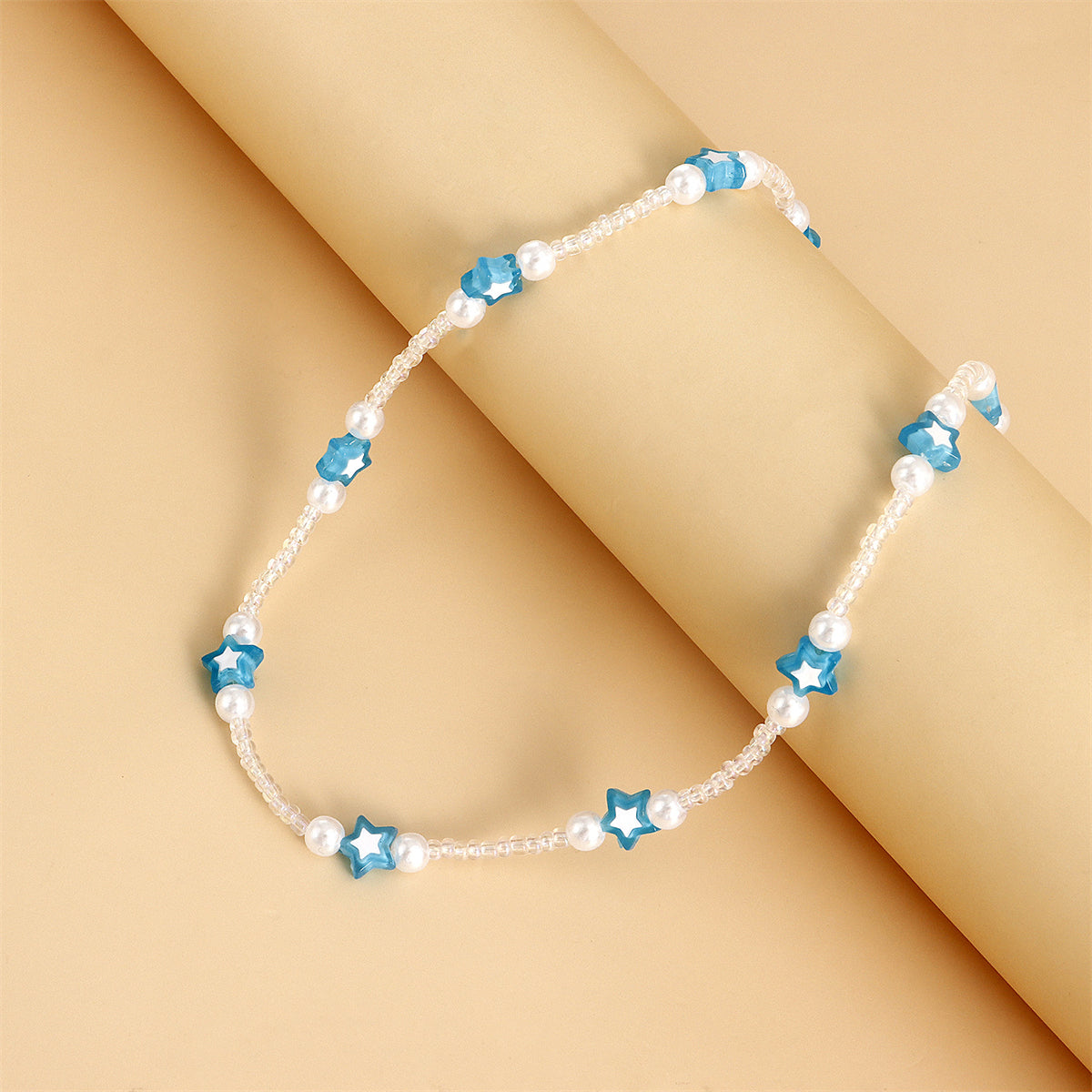 Blue Acrylic & Pearl Star Beaded Station Necklace
