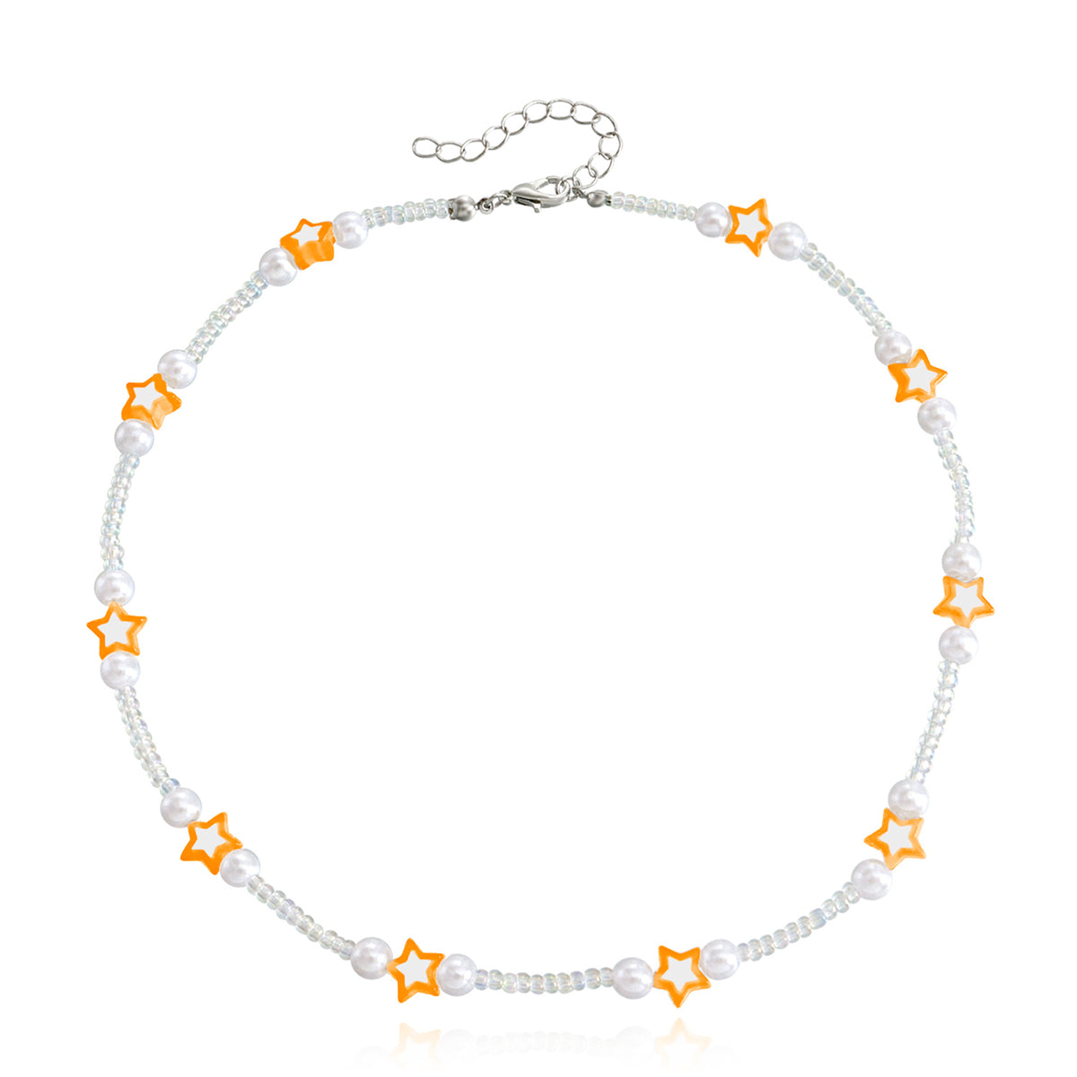 Orange Acrylic & Pearl Star Beaded Station Necklace
