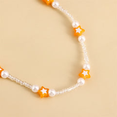 Orange Acrylic & Pearl Star Beaded Station Necklace