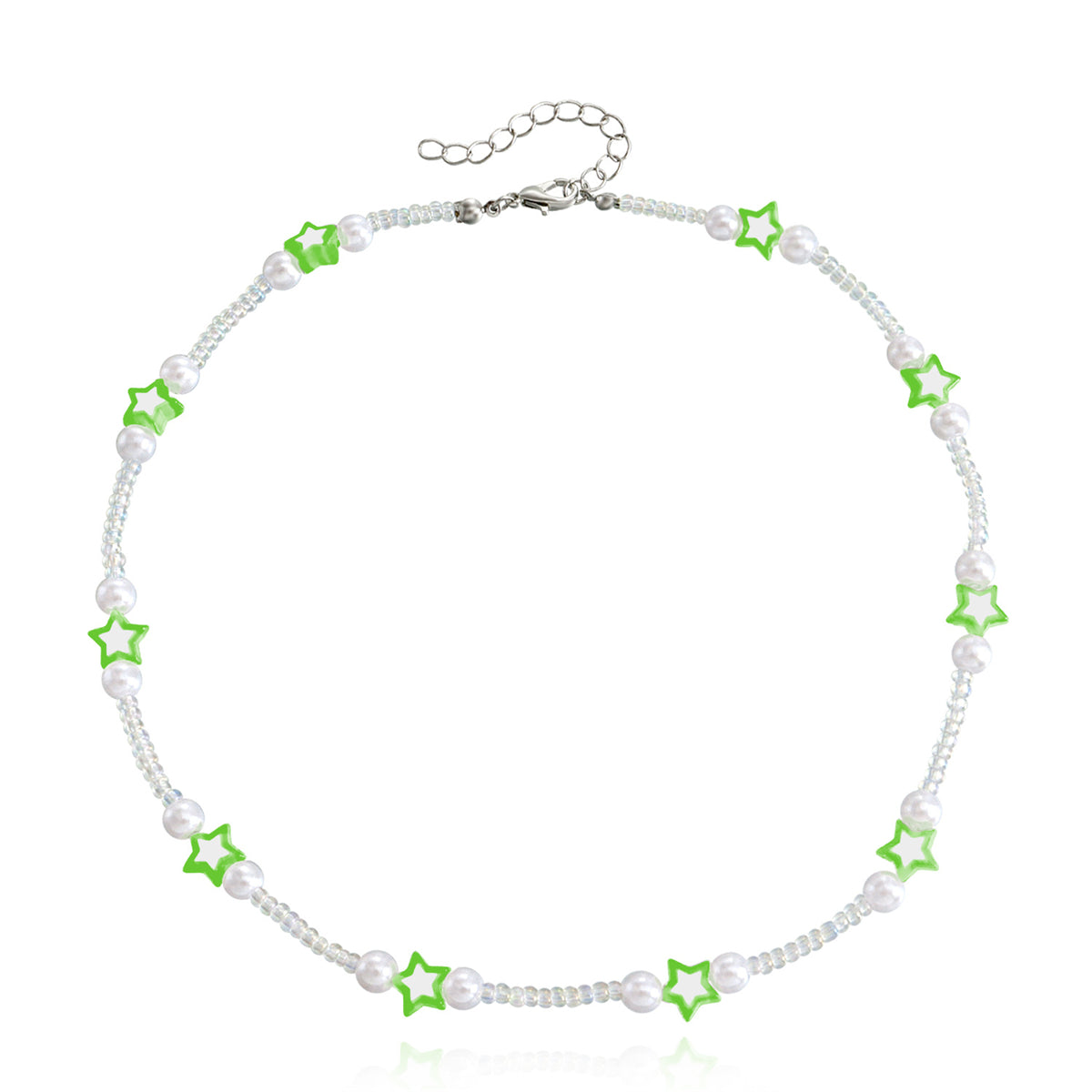 Green Acrylic & Pearl Star Beaded Station Necklace