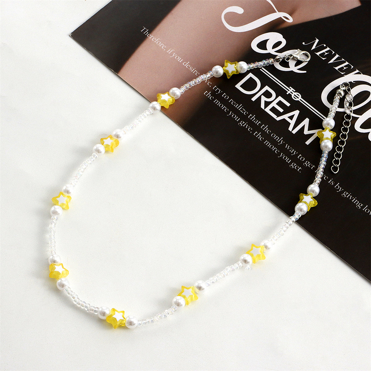 Yellow Acrylic & Pearl Star Station Necklace