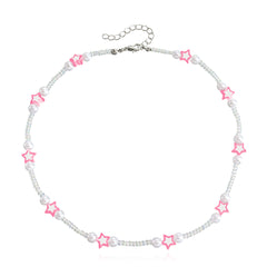 Pink Acrylic & Pearl Star Beaded Station Necklace