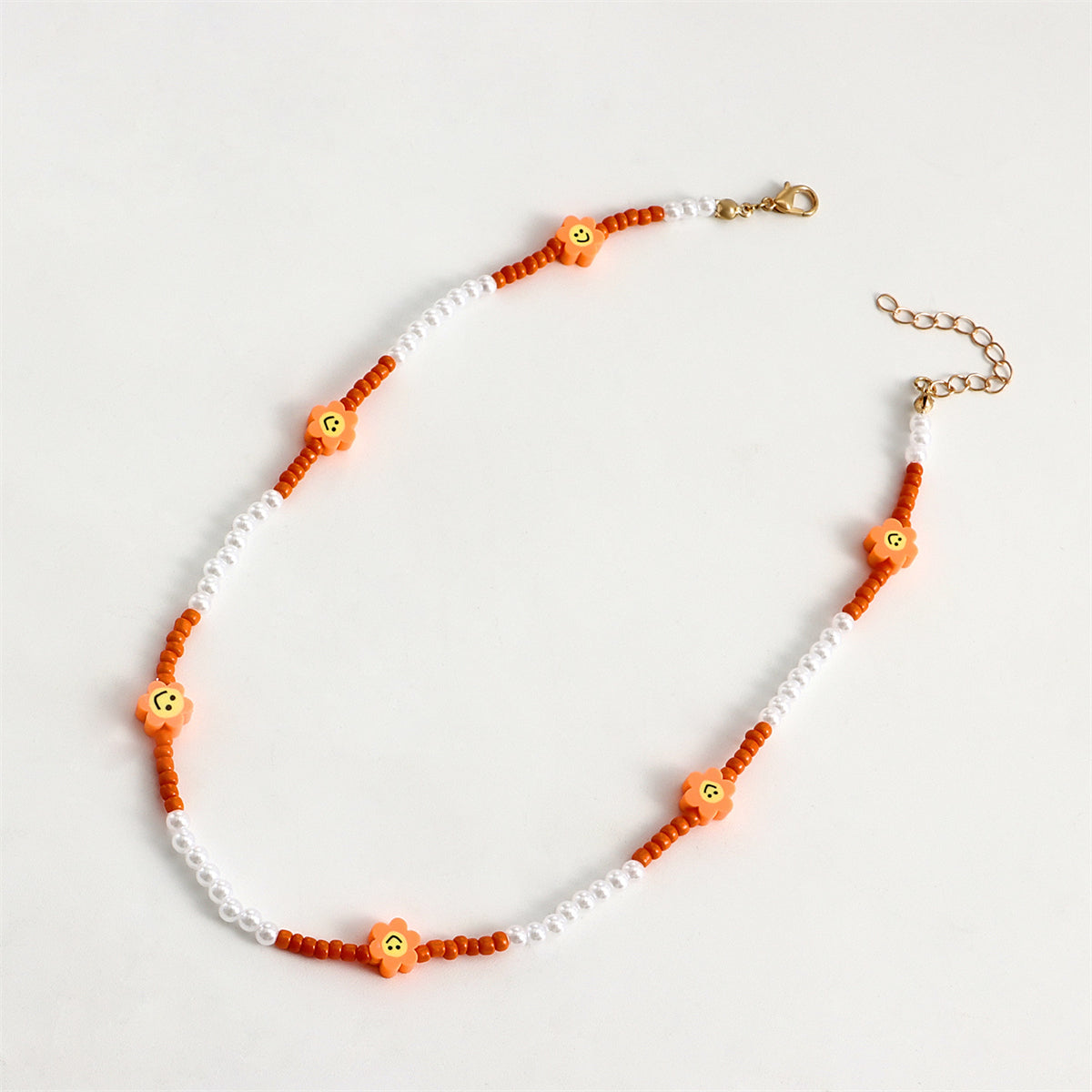 Orange Howlite & Pearl Flower Station Necklace