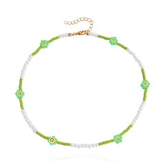 Green Howlite & Pearl Flower Station Necklace