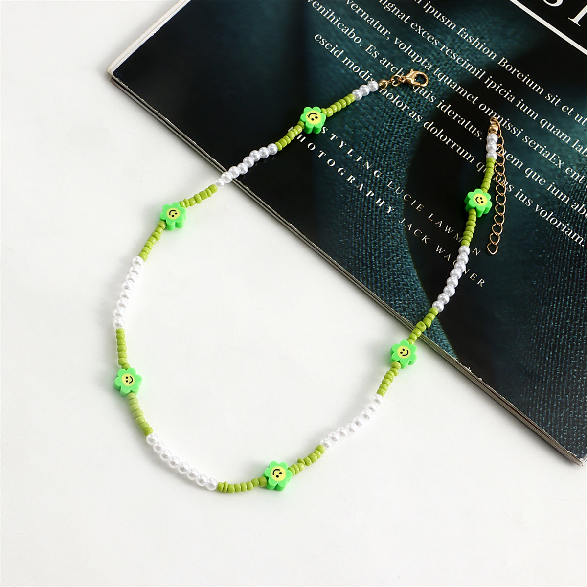 Green Howlite & Pearl Flower Station Necklace