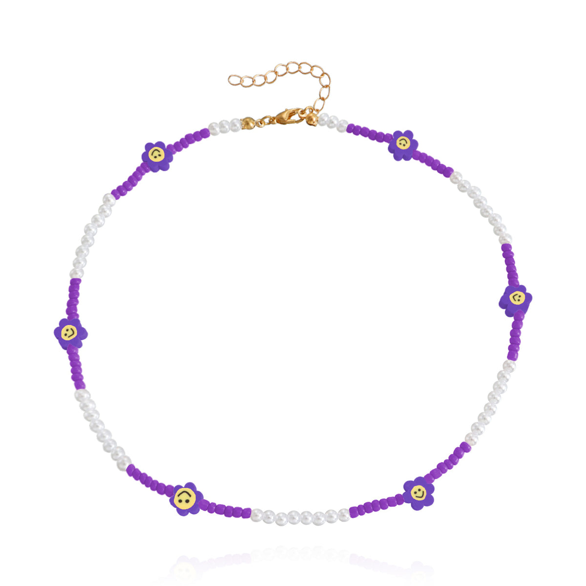 Purple Howlite & Pearl Flower Beaded Station Necklace