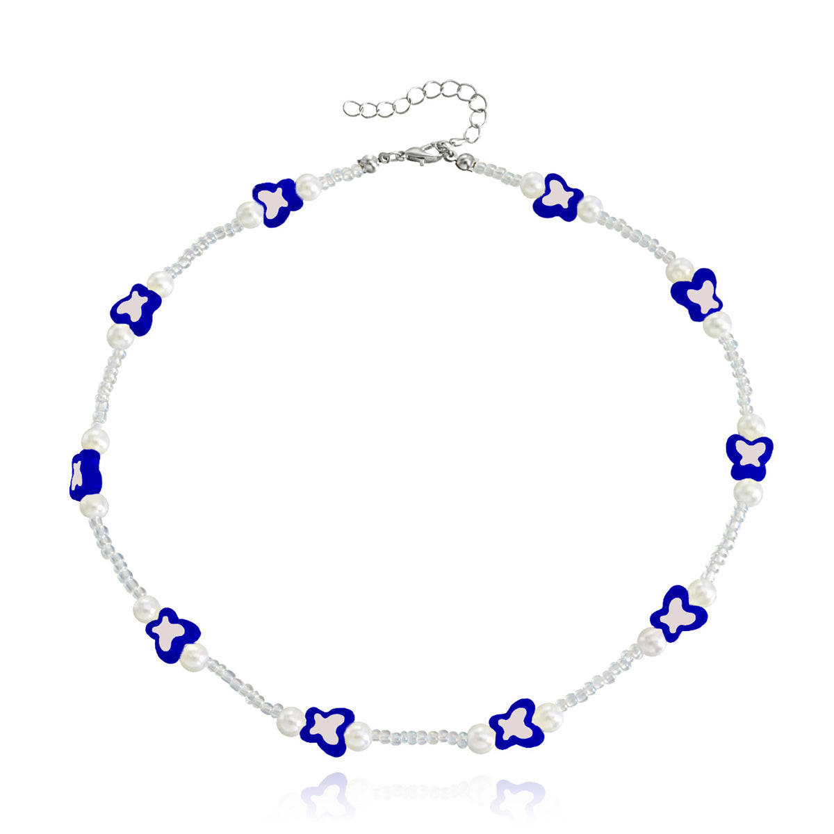 Dark Blue Acrylic & Pearl Silver-Plated Butterfly Station Necklace