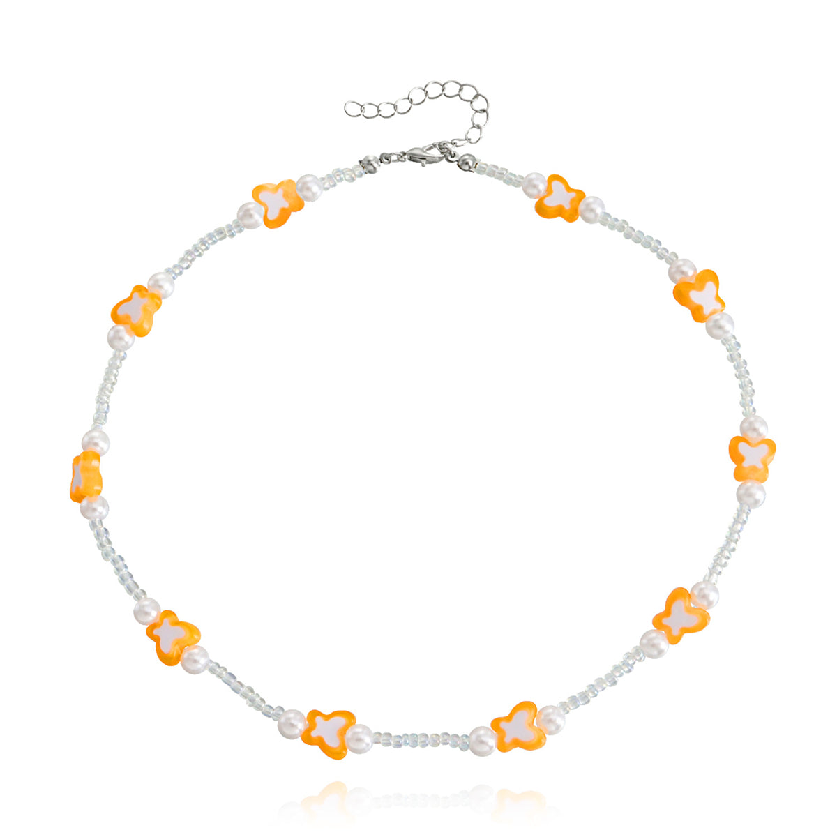 Orange Acrylic & Pearl Silver-Plated Butterfly Station Necklace