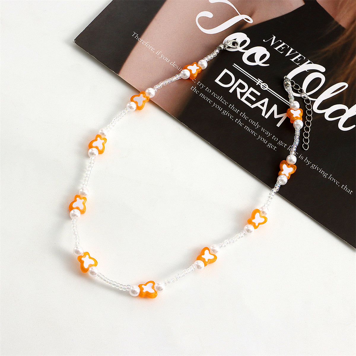 Orange Acrylic & Pearl Silver-Plated Butterfly Station Necklace