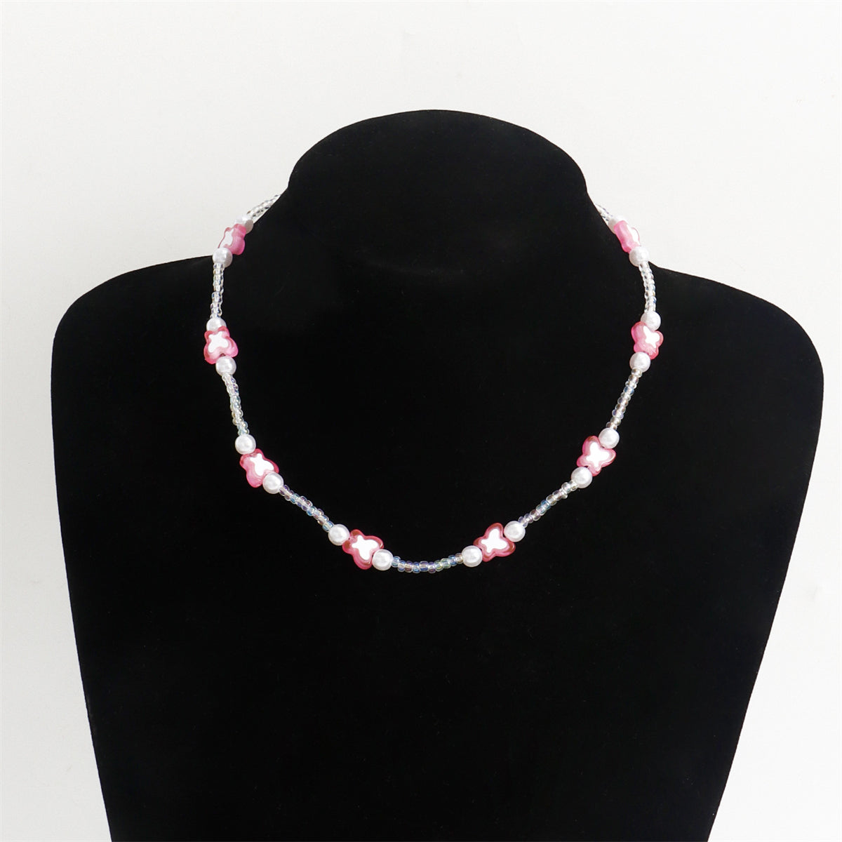 Pink Acrylic & Pearl Butterfly Beaded Station Necklace