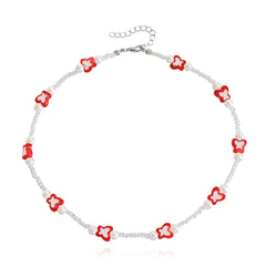 Red Acrylic & Pearl Silver-Plated Butterfly Station Necklace