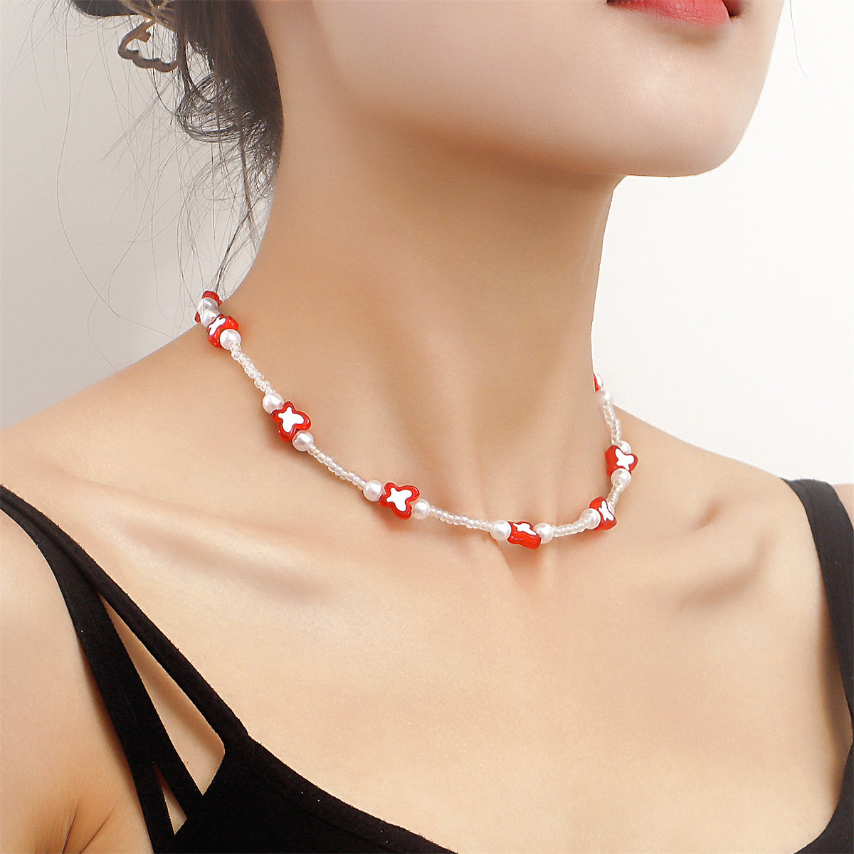 Red Acrylic & Pearl Silver-Plated Butterfly Station Necklace