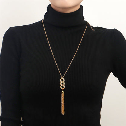 Cubic Zirconia and 18K Gold-Plated Curb Chain Tassel Pendant Necklace, gold pendant necklace for women, front view