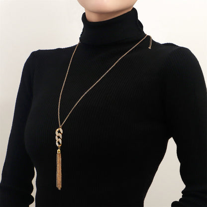 Cubic Zirconia and 18K Gold-Plated Curb Chain Tassel Pendant Necklace, gold pendant necklace for women, side view