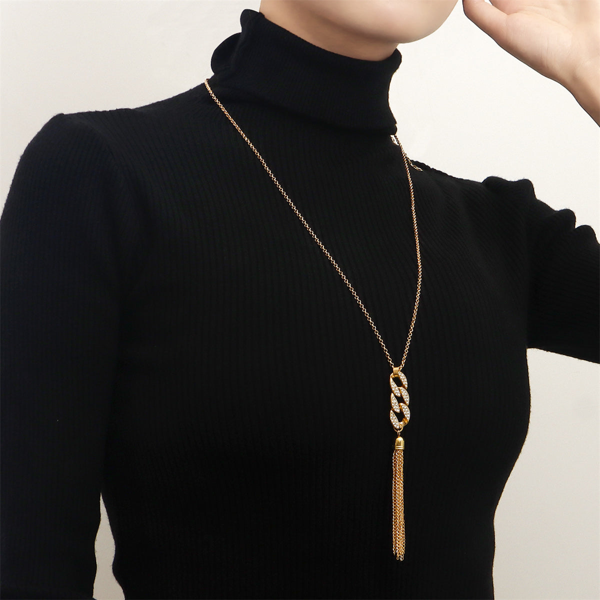 Cubic Zirconia and 18K Gold-Plated Curb Chain Tassel Pendant Necklace, gold pendant necklace for women, detail close-up