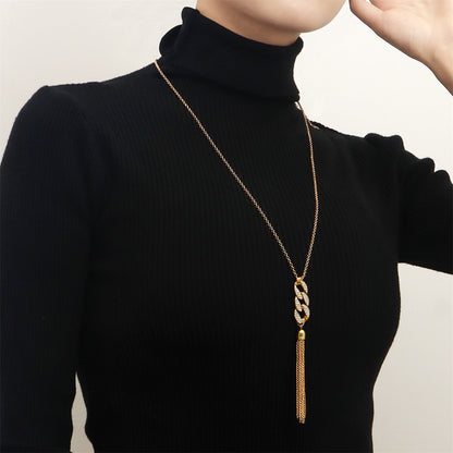 Cubic Zirconia and 18K Gold-Plated Curb Chain Tassel Pendant Necklace, gold pendant necklace for women, detail close-up