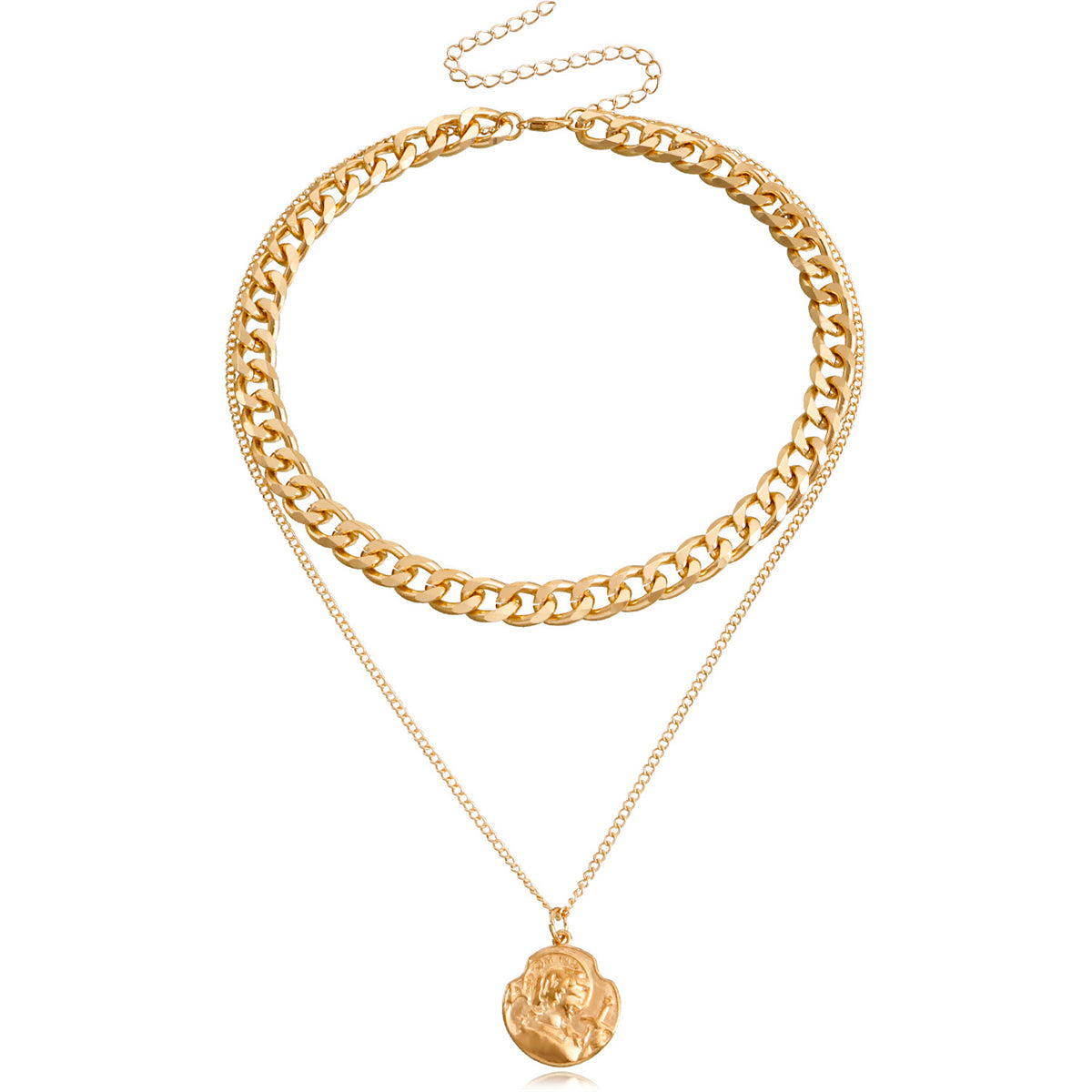 Chic 18K gold-plated curb chain necklace showcasing a coin charm, perfect for layering and enhancing your jewelry collection.