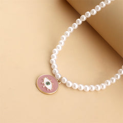 Pearl & Pink Enamel 18K Gold-Plated Eye Round Pendant Necklace