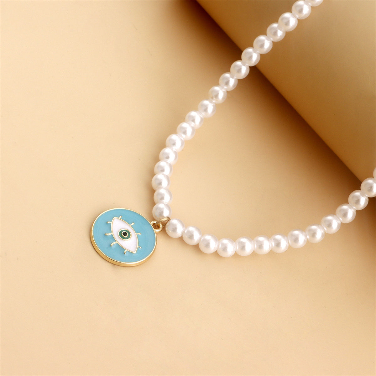 Pearl & Blue Enamel 18K Gold-Plated Eye Round Pendant Necklace