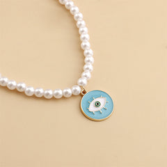 Pearl & Blue Enamel 18K Gold-Plated Eye Round Pendant Necklace