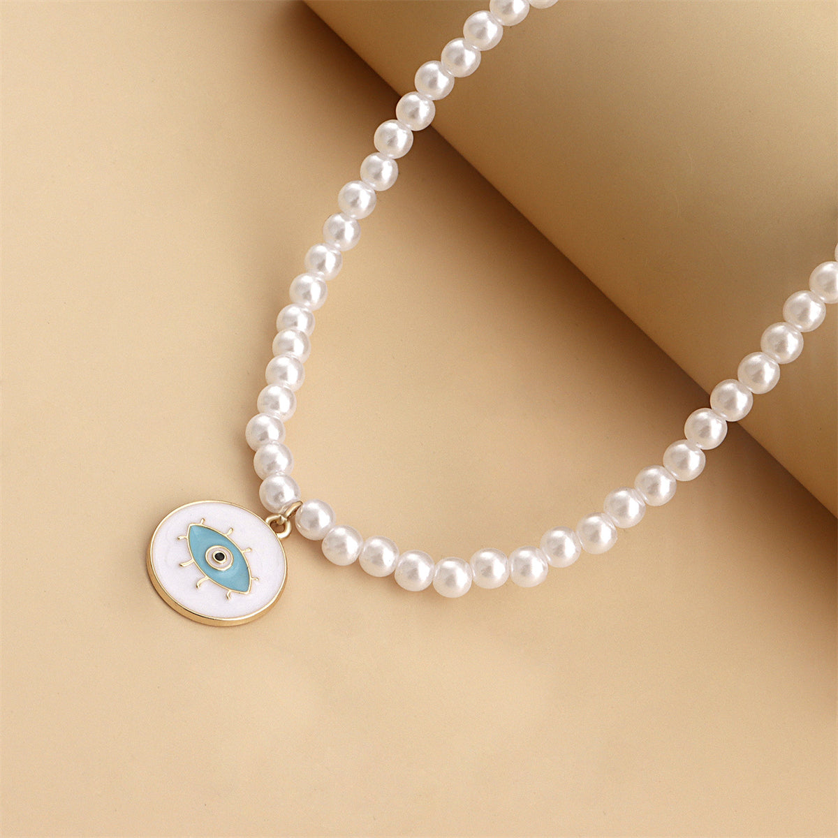Pearl & White Enamel 18K Gold-Plated Eye Round Pendant Necklace