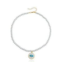 Pearl & White Enamel 18K Gold-Plated Eye Round Pendant Necklace