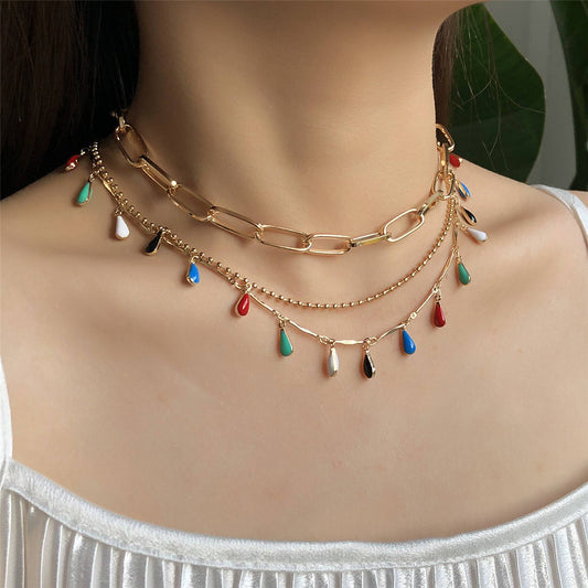 Teal Enamel and 18K Gold-Plated Multicolor Pear Layered Station Necklace Set, jewelry gift sets for women, front view