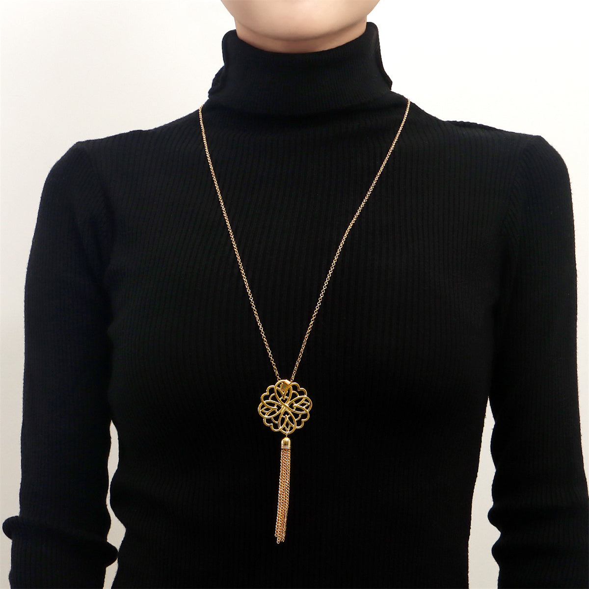 18K Gold-Plated Openwork Lotus Tassel Pendant Necklace, gold pendant necklace for women, dainty minimalist design, front view