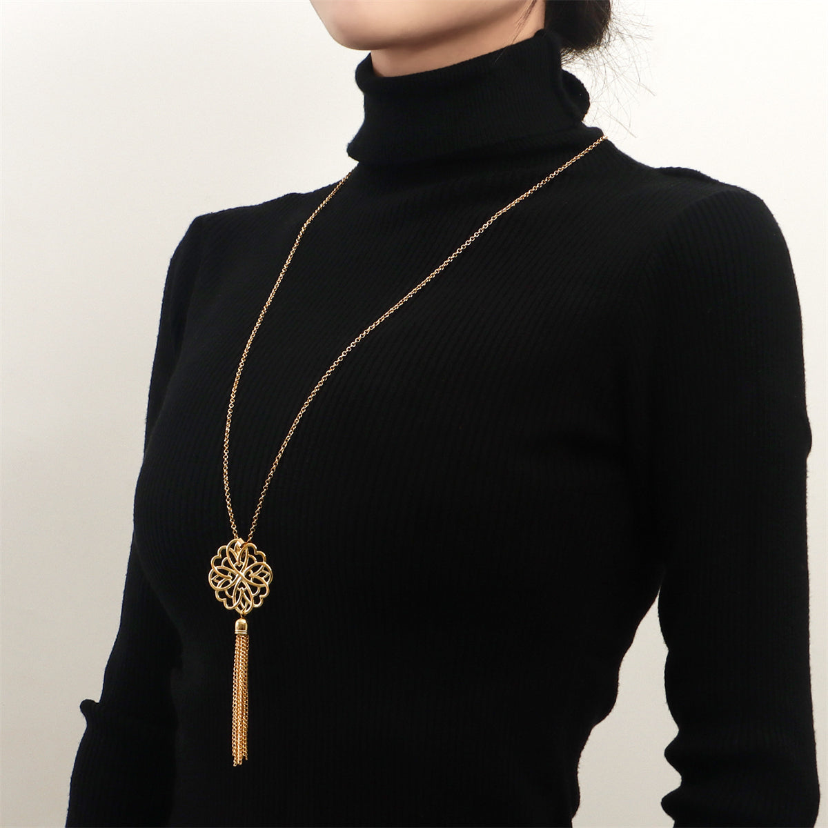 18K Gold-Plated Openwork Lotus Tassel Pendant Necklace, gold pendant necklace for women, dainty minimalist design, side view