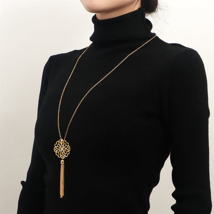 18K Gold-Plated Openwork Lotus Tassel Pendant Necklace, gold pendant necklace for women, dainty minimalist design, side view