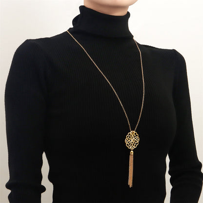 18K Gold-Plated Openwork Lotus Tassel Pendant Necklace, gold pendant necklace for women, detail close-up