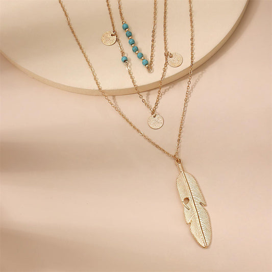 Turquoise and 18K Gold-Plated Feather Layered Pendant Necklace, gold pendant necklace for women, front view