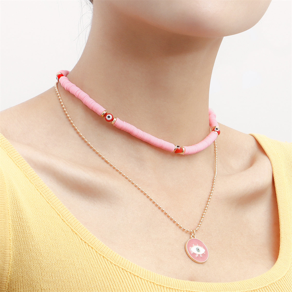 Pink Enamel & 18K Gold-Plated Evil Eye Layered Pendant Necklace