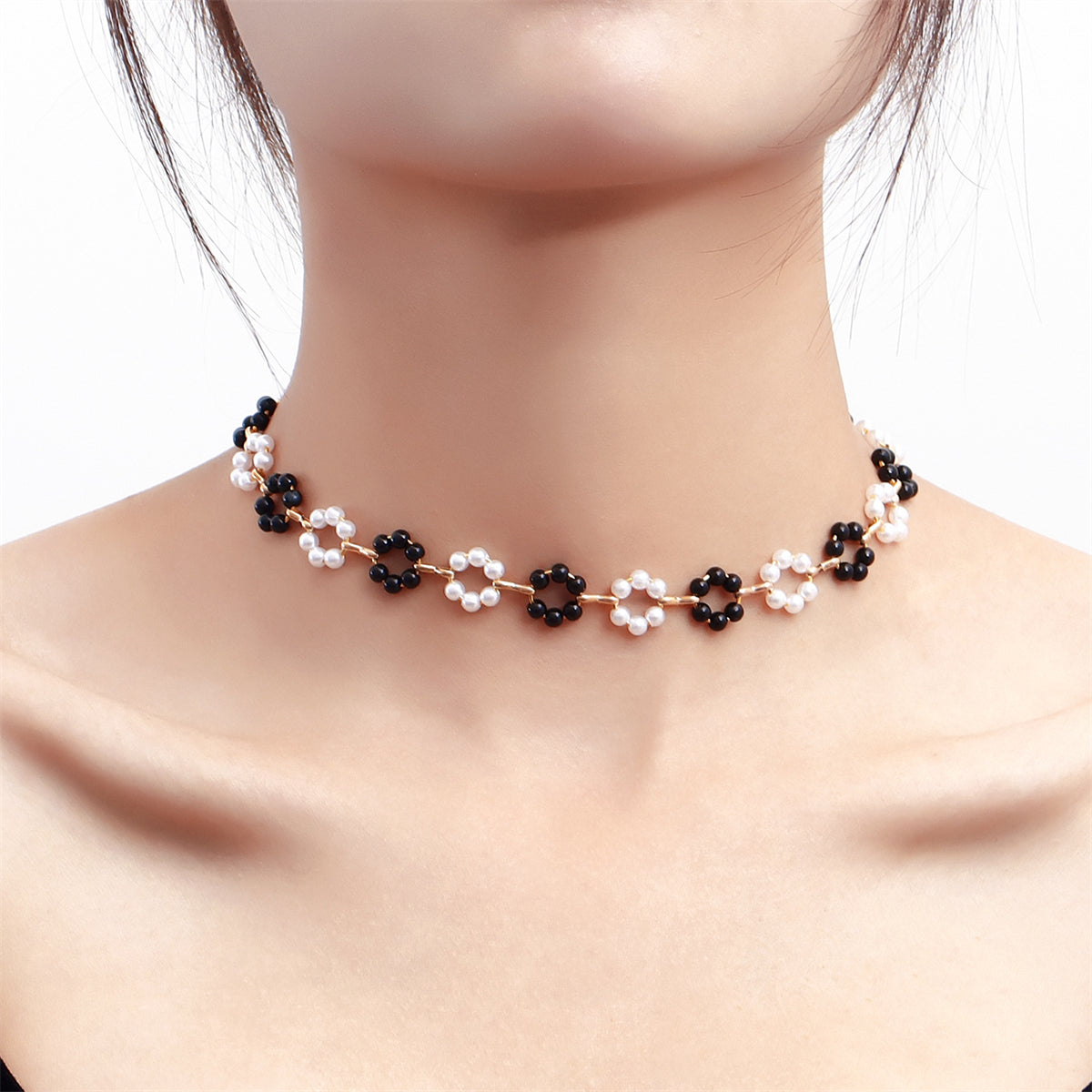 Pearl and Black Resin 18K Gold-Plated Flower Station Necklace, gold pendant necklace for women, front view